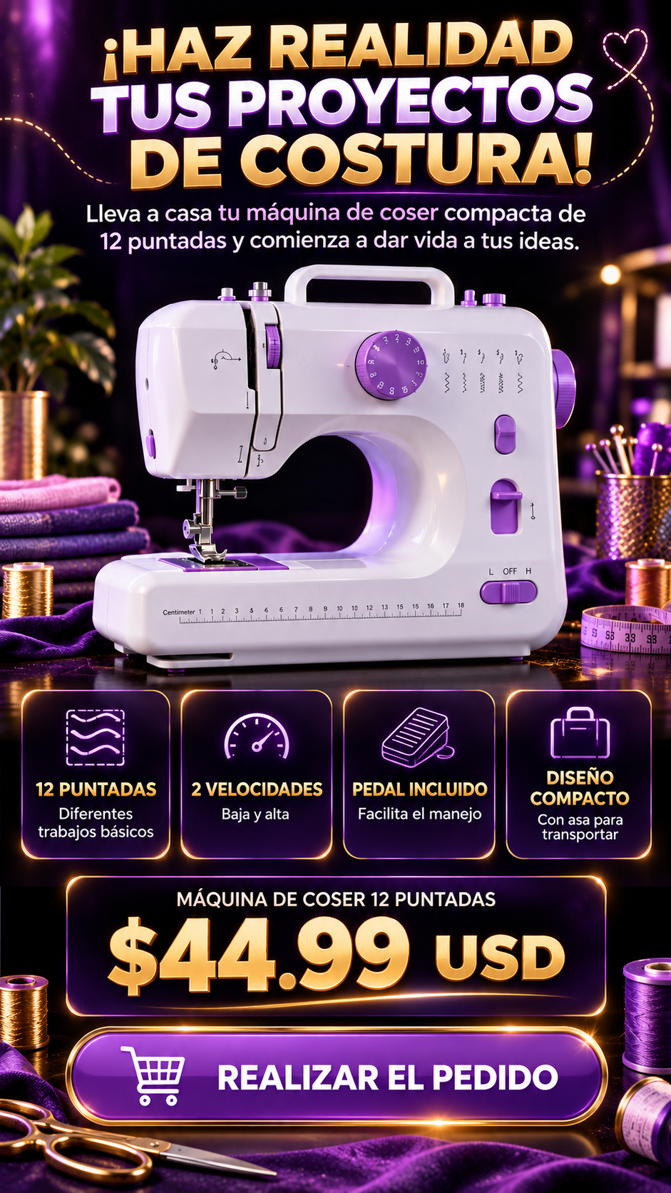 Acción final: máquina de coser por $44.99 USD